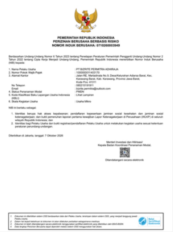 Business Identification Number (NIB) document